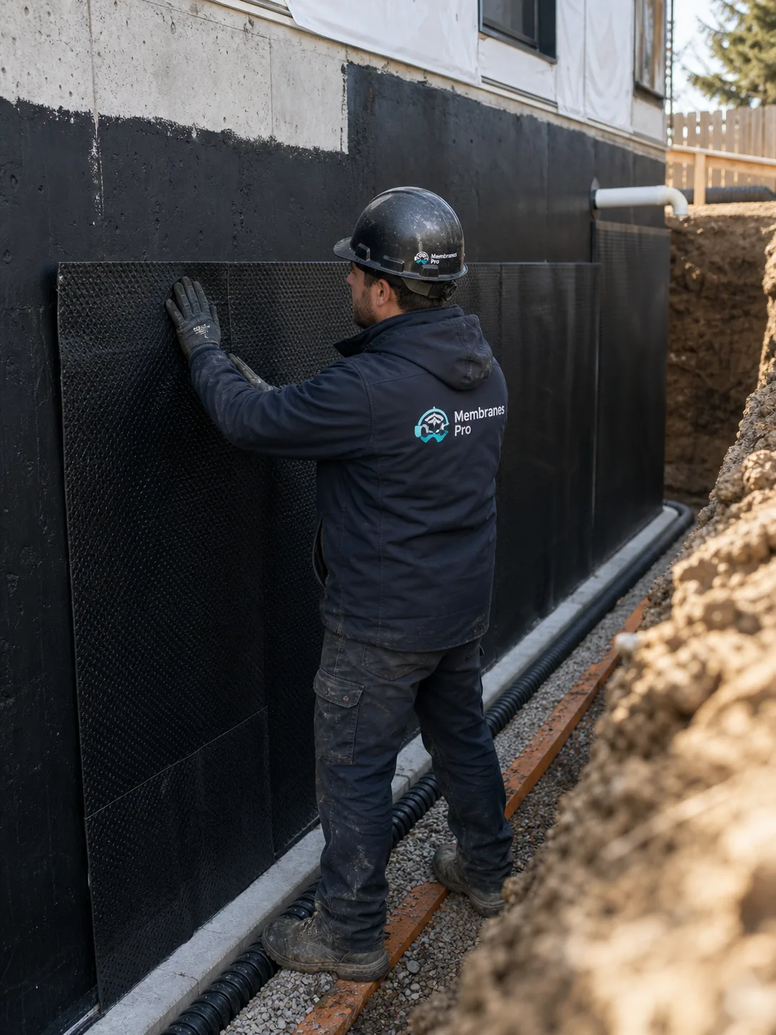 Pose d'une membrane d'étanchéité sur un mur de fondation