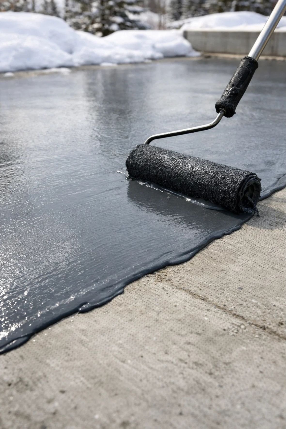 Personne équipée de protection appliquant un revêtement sombre sur une surface en béton, dans un environnement de chantier pour bâtiments à La Pocatière