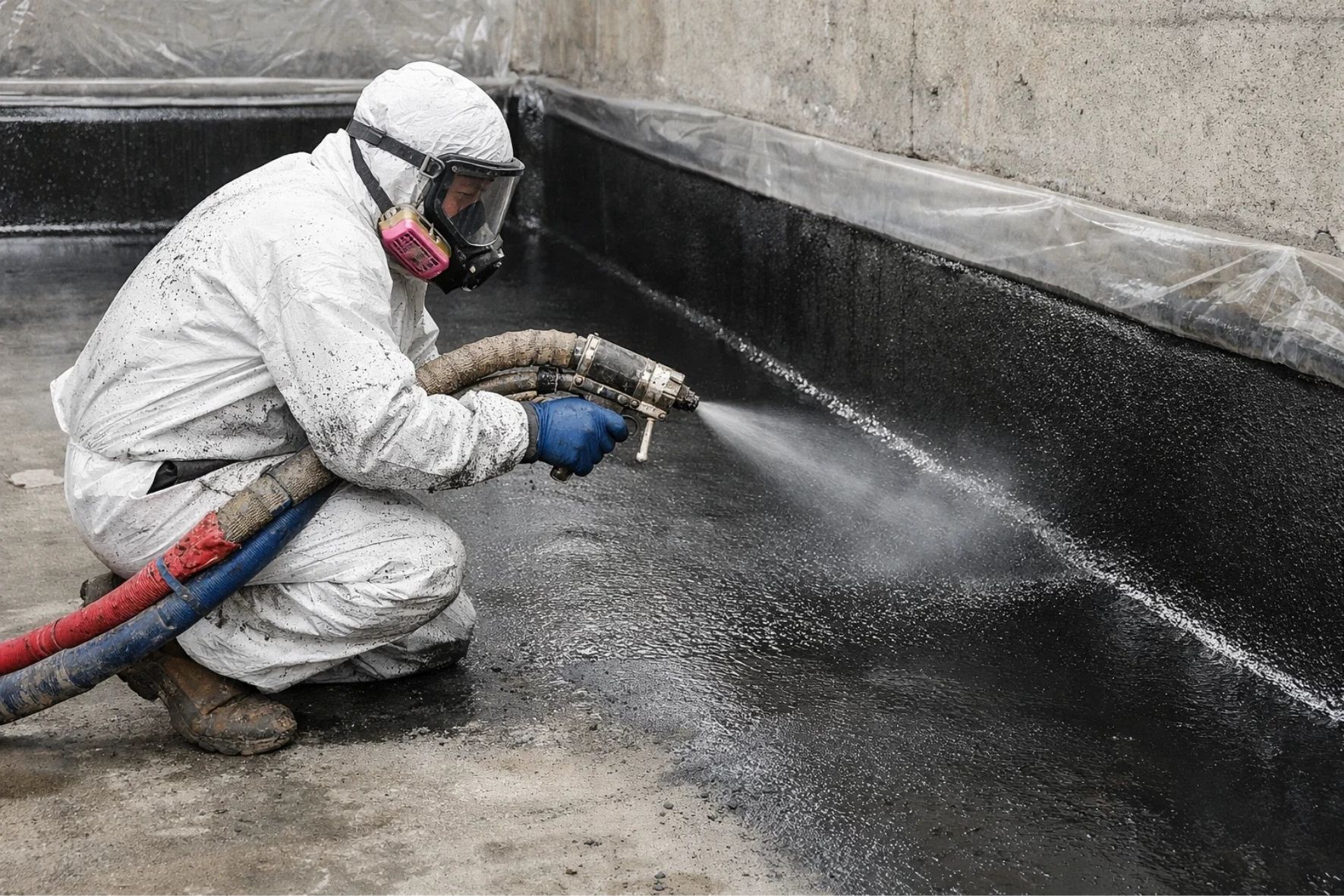 Application par pulvérisation d’un revêtement sombre sur une surface verticale en béton, dans un environnement de chantier pour bâtiments à Lac-Brome