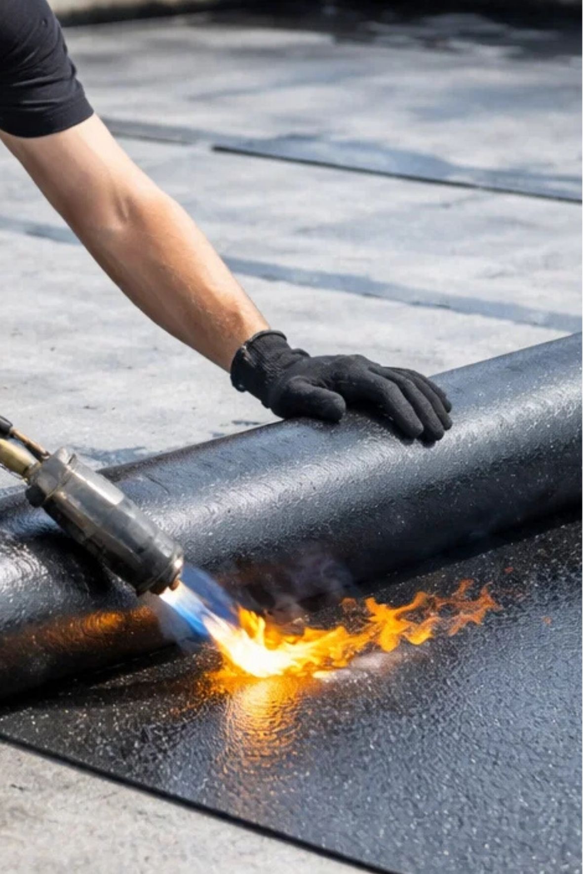 Surface plane recouverte d’un revêtement sombre continu sur un chantier extérieur, illustrant une zone protégée contre l’eau pour bâtiments à Sainte-Claire